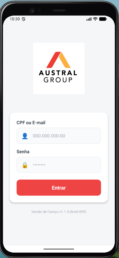Austral Plano de Fogo - Tela de login do aplicativo