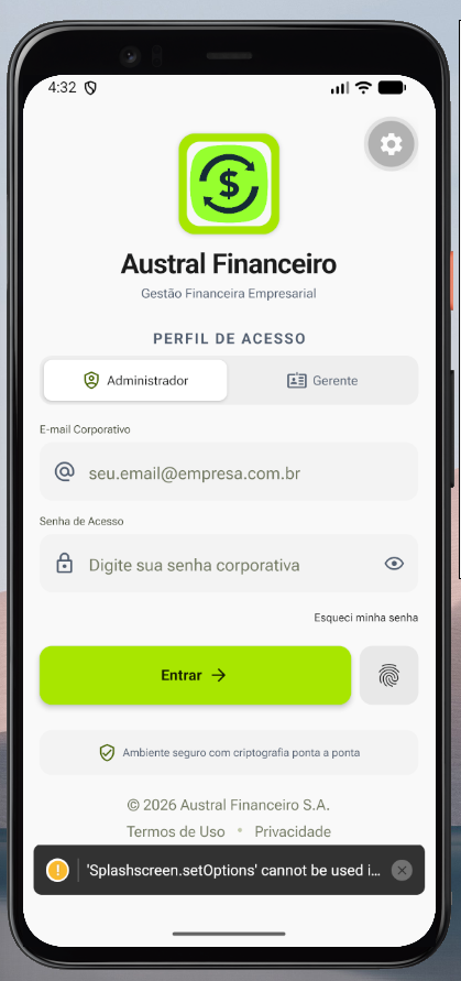 Aplicativo Austral Financeiro - Tela de login
